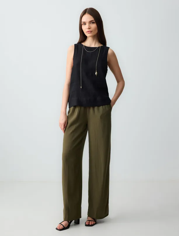 Women Haki Relaxed Fit High Waist Wide Leg Long Linen Pants