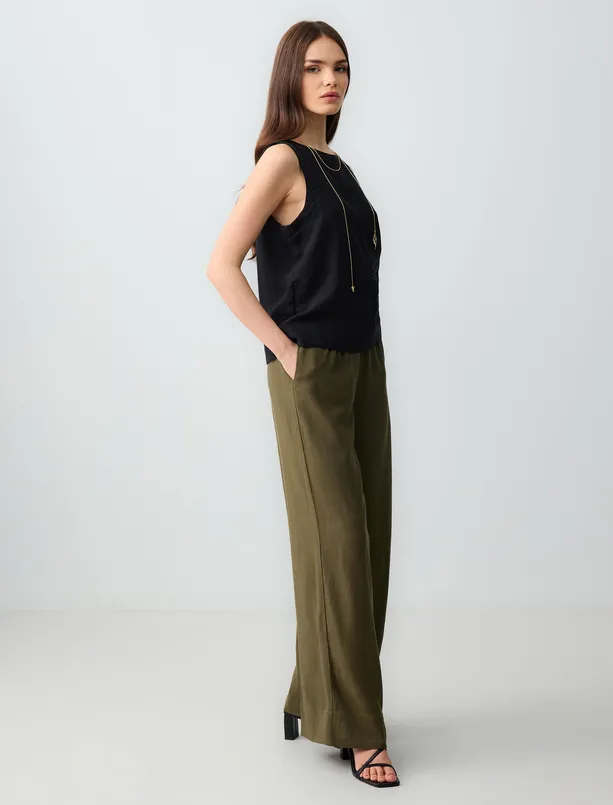 Women Haki Relaxed Fit High Waist Wide Leg Long Linen Pants