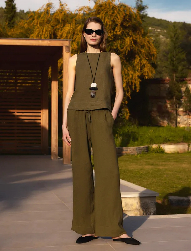 Women  High Waist Wide Leg Long Linen Blend Pants