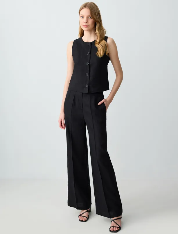 Women Black Relaxed Fit High Waist Wide Leg Linen Pants