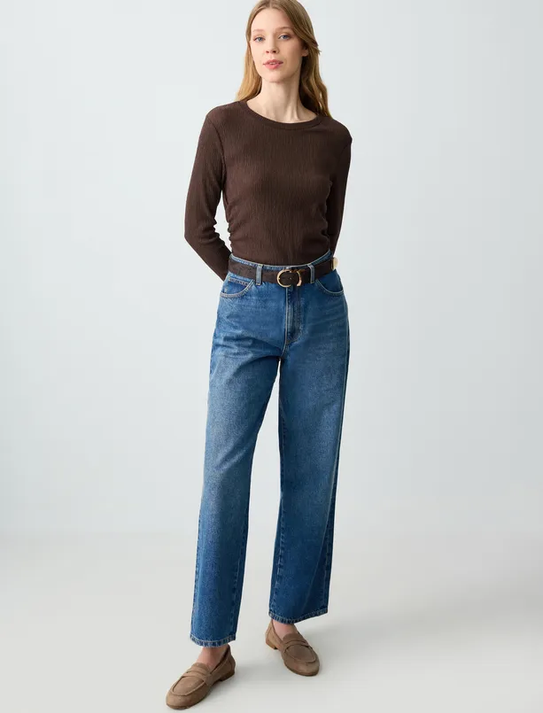 Bayan  %100 Pamuk Rahat Kesim Yüksek Bel Bol Paça Denim Pantolon