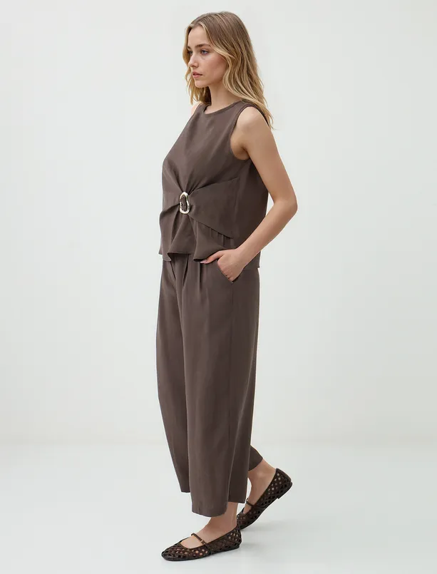 Women Brown Relaxed Fit High Waist Wide Leg Short Woven Pants