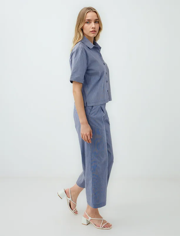 Women Dark Blue Striped Normal Waist Normal Leg Woven Pants