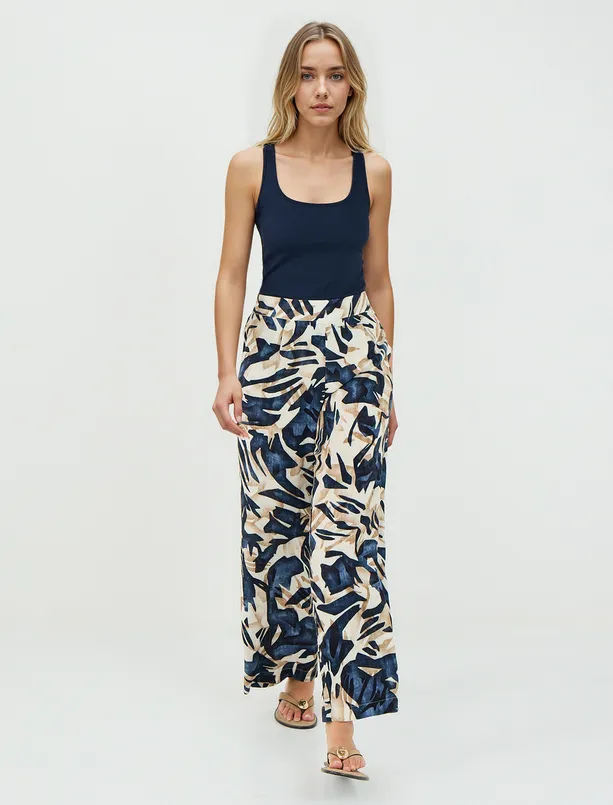 Women Dark Blue Regular Waist Wide Leg Patterned Woven Pants
