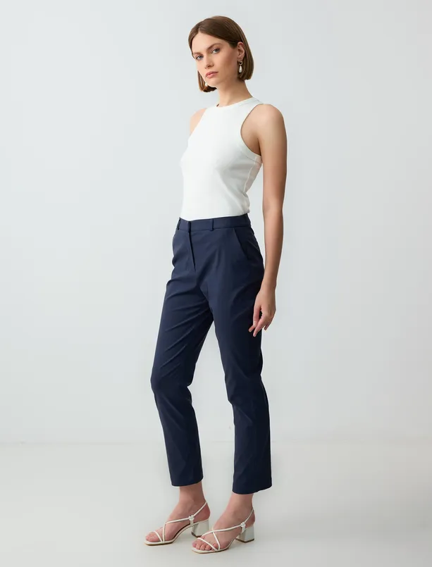 Women Dark Blue Regular Waist Regular Leg Woven Gabardine Pants