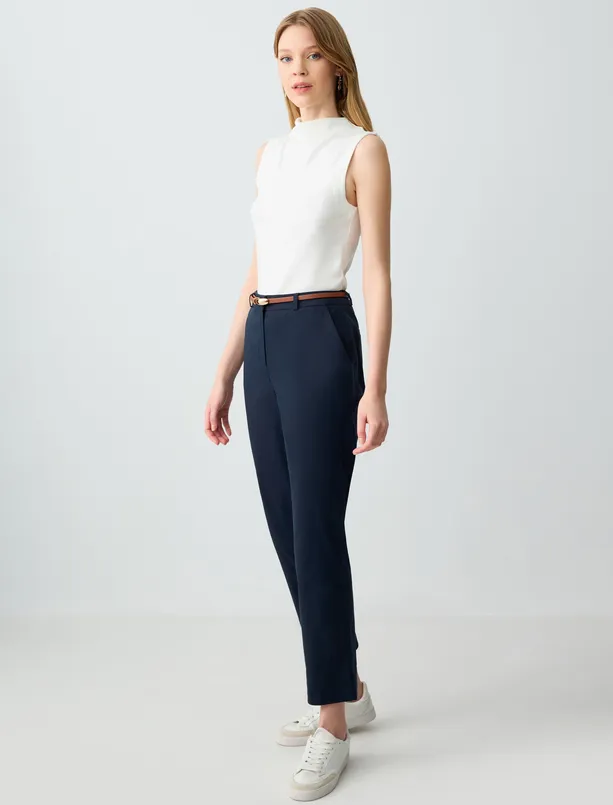 Women Dark Blue Regular Waist Regular Leg Woven Gabardine Pants