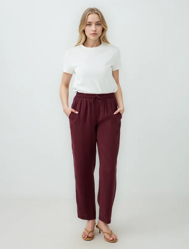 Women Claret Red High Waist Regular Leg Modal Woven Pants