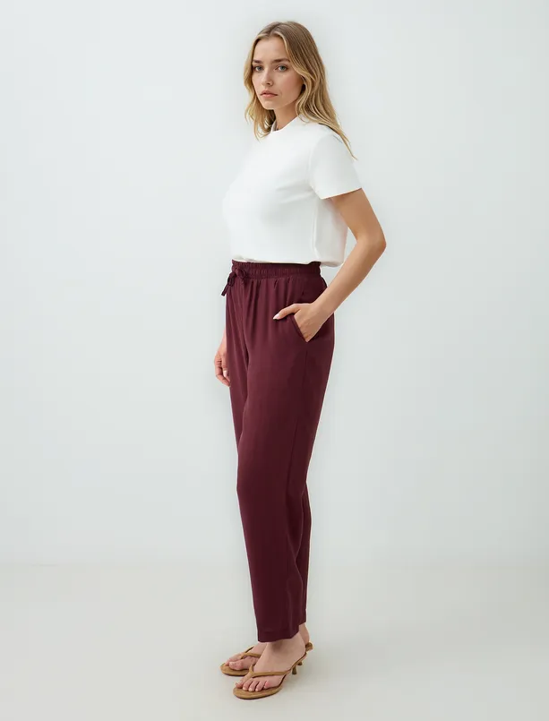 Women Claret Red High Waist Regular Leg Modal Woven Pants