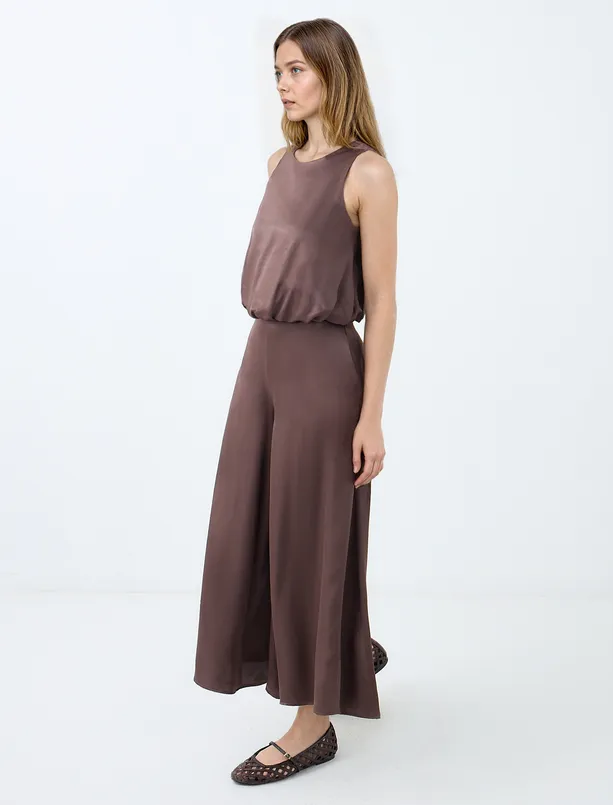 Women Brown High Waist Wide Leg Short Woven Pants