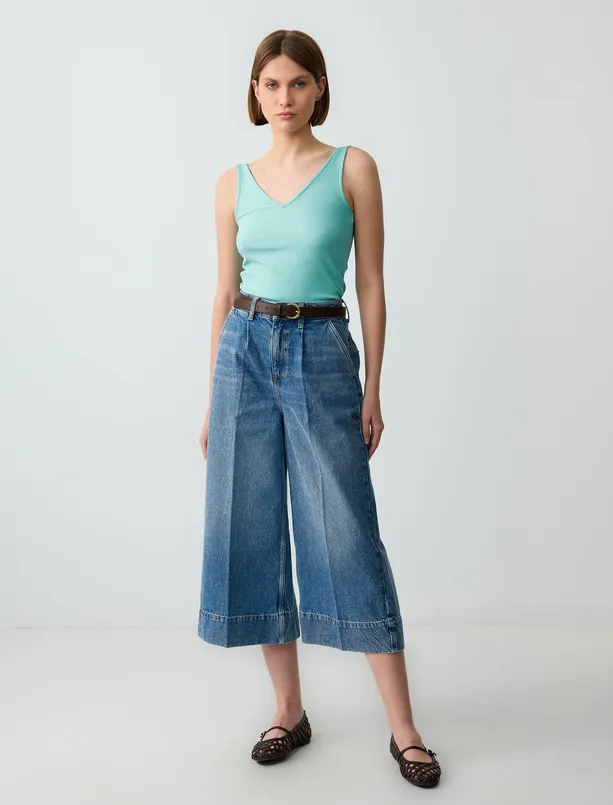 Bayan  %100 Pamuk Rahat Kesim Yüksek Bel Bol Paça Denim Pantolon