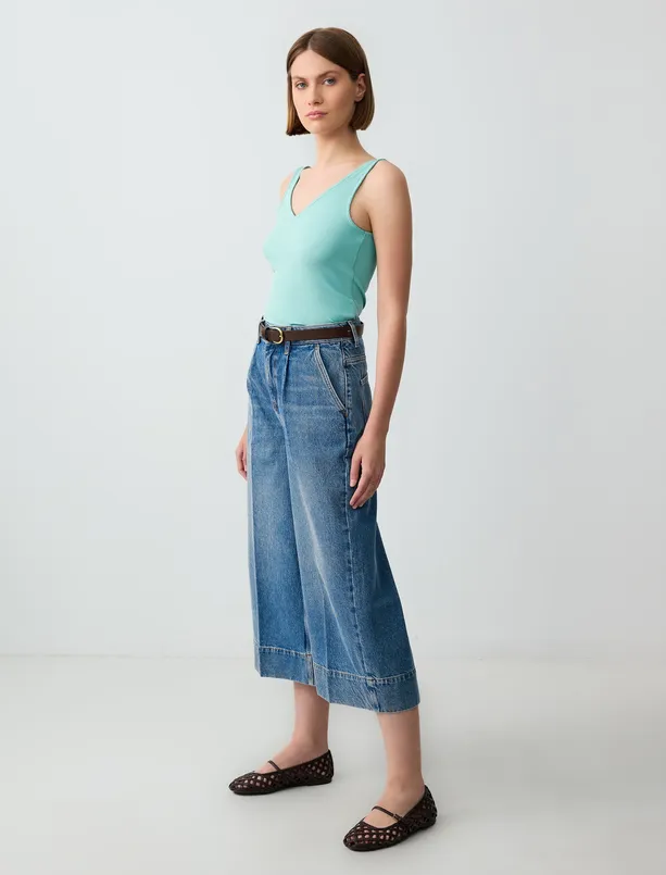 Bayan Mavi %100 Pamuk Rahat Kesim Yüksek Bel Bol Paça Denim Pantolon