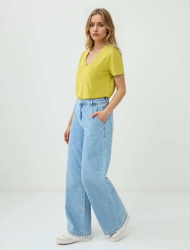 Bayan Mavi %100 Pamuk Normal Bel Bol Paça Denim Pantolon