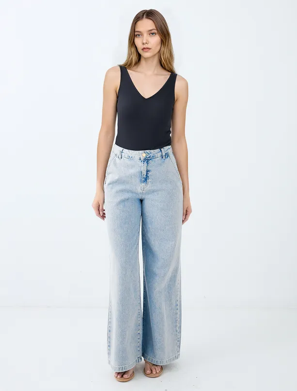 Bayan  Normal Bel Bol Paça Kemer Detaylı Denim Pantolon