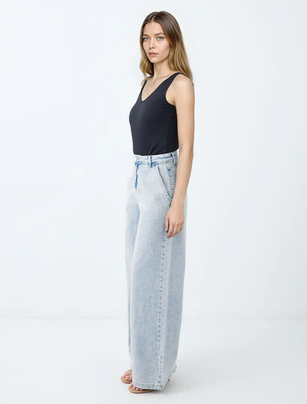 Bayan Mavi %100 Pamuk Normal Bel Bol Paça Denim Pantolon