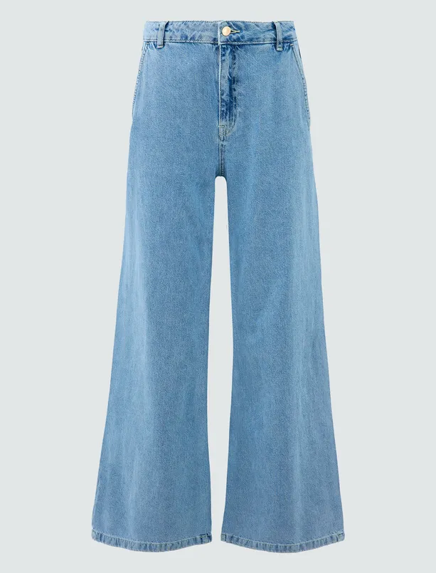 Bayan  Normal Bel Bol Paça Kemer Detaylı Denim Pantolon