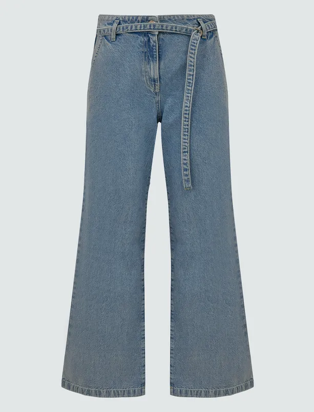 Bayan  Normal Bel Bol Paça Kemer Detaylı Denim Pantolon