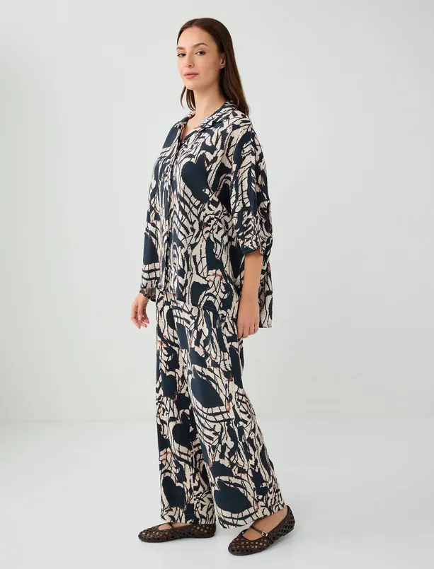 Women Dark Blue Patterned High Waist Wide Leg Woven Pants