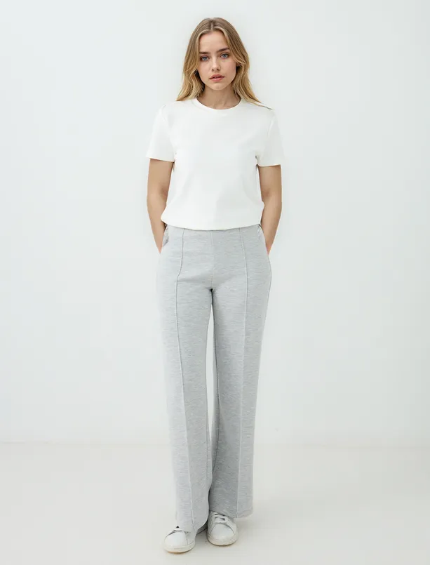Women Grey High Waist Elasticated Regular Leg Knitted Pants