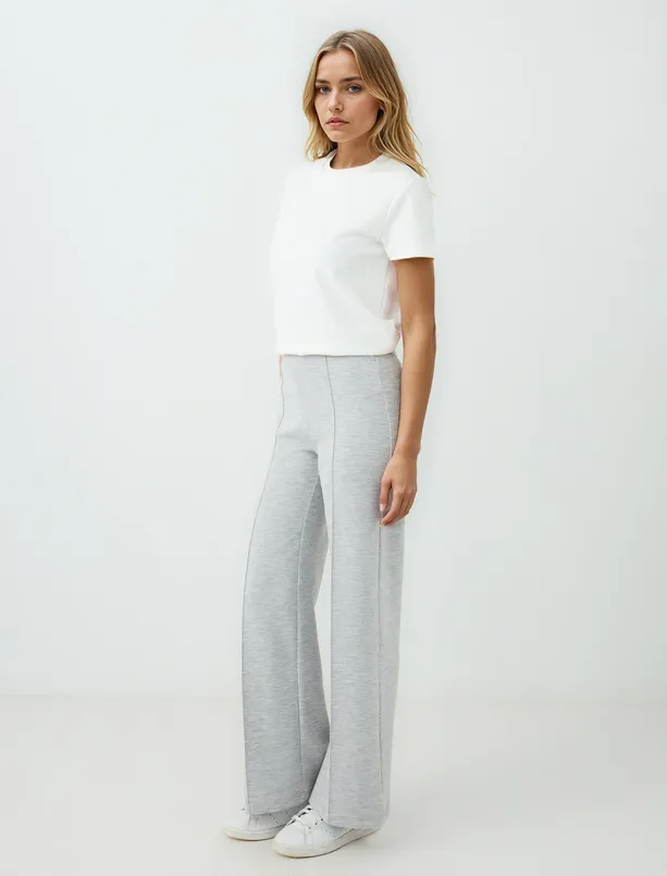 Women Grey High Waist Elasticated Regular Leg Knitted Pants