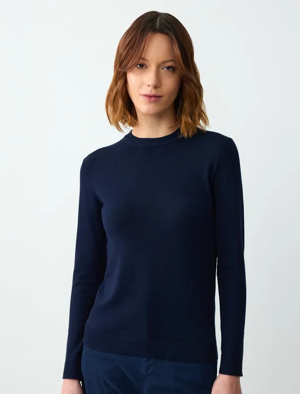 Women Dark Blue Crew Neck Long Sleeve Straight Cut Sweater Pullover