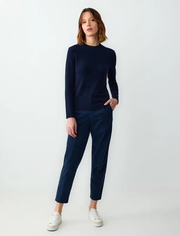 Women Dark Blue Crew Neck Long Sleeve Straight Cut Sweater Pullover