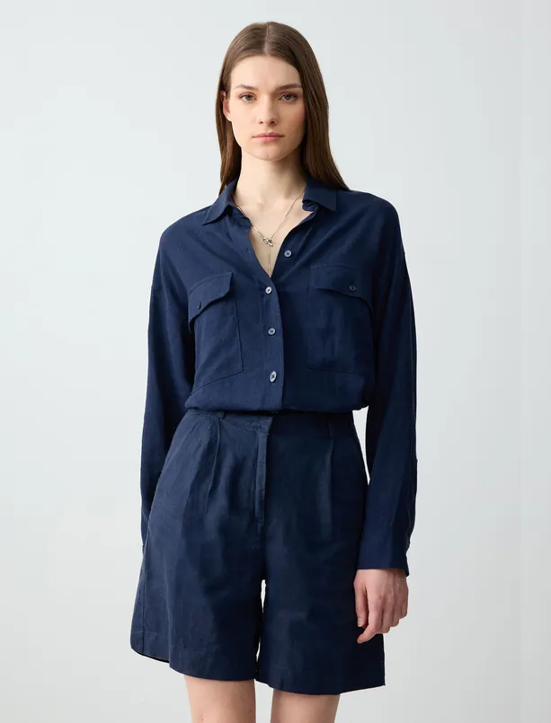 Women Dark Blue Straight Cut High Waist Wide Leg Woven Linen Shorts