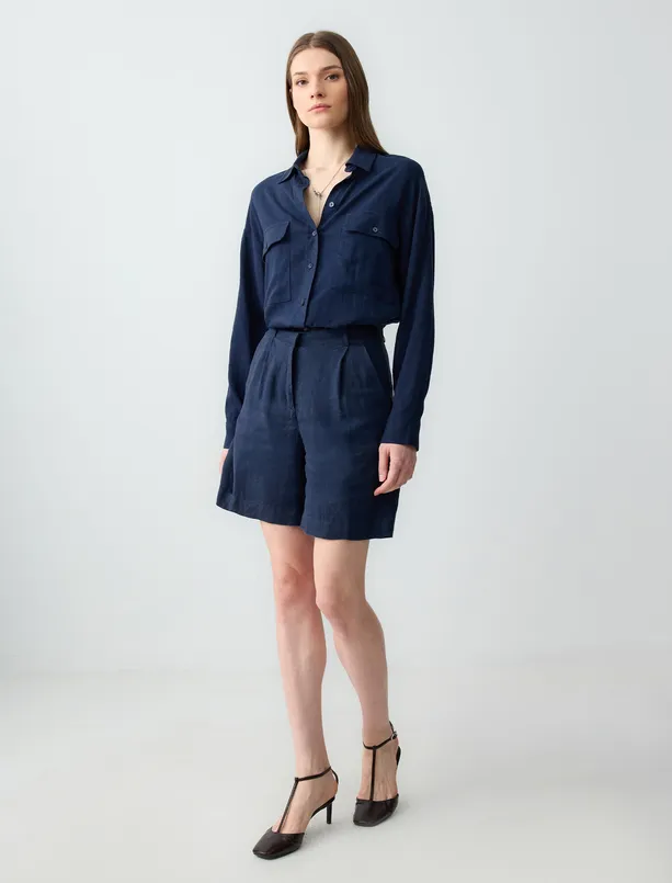 Women Dark Blue Straight Cut High Waist Wide Leg Woven Linen Shorts