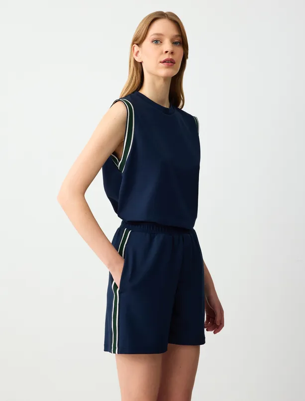 Women Dark Blue Straight Cut Regular Waist Wide Leg Modal Knitted Shorts