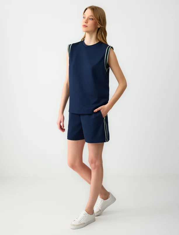 Women Dark Blue Straight Cut Regular Waist Wide Leg Modal Knitted Shorts