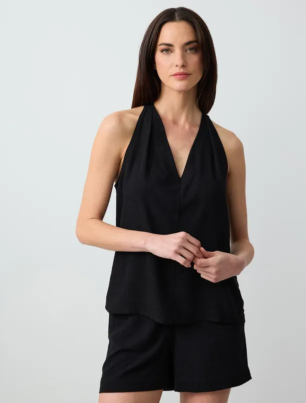 Women Black Relaxed Fit High Waist Wide Leg Linen Shorts
