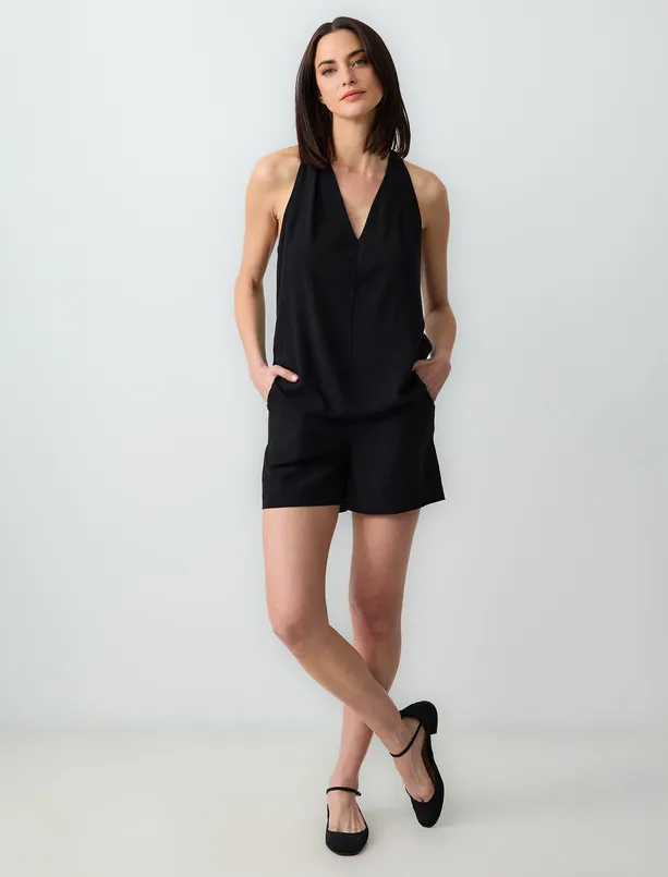 Women Black Relaxed Fit High Waist Wide Leg Linen Shorts