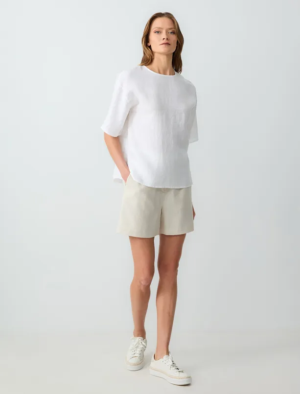Women Beige Relaxed Fit High Waist Wide Leg Linen Shorts