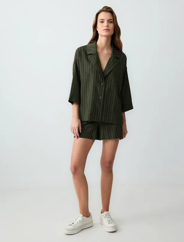 Women Haki High Waist Regular Leg Patterned Linen Shorts