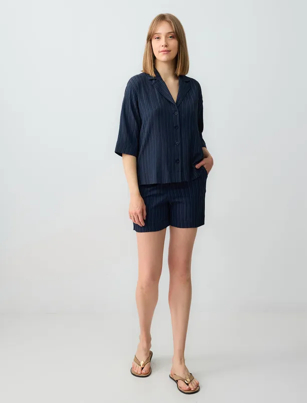 Women Dark Blue High Waist Regular Leg Patterned Linen Shorts