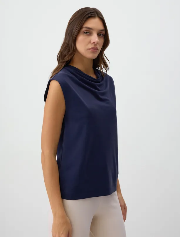 Women Dark Blue Draped Collar Sleeveless Modal Knitted T-Shirt