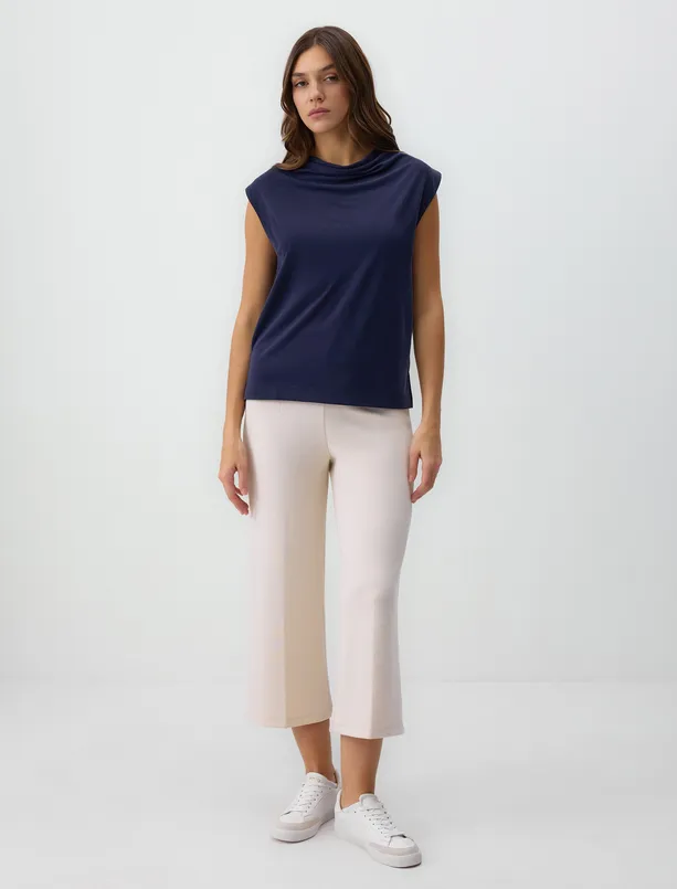 Women Dark Blue Draped Collar Sleeveless Modal Knitted T-Shirt