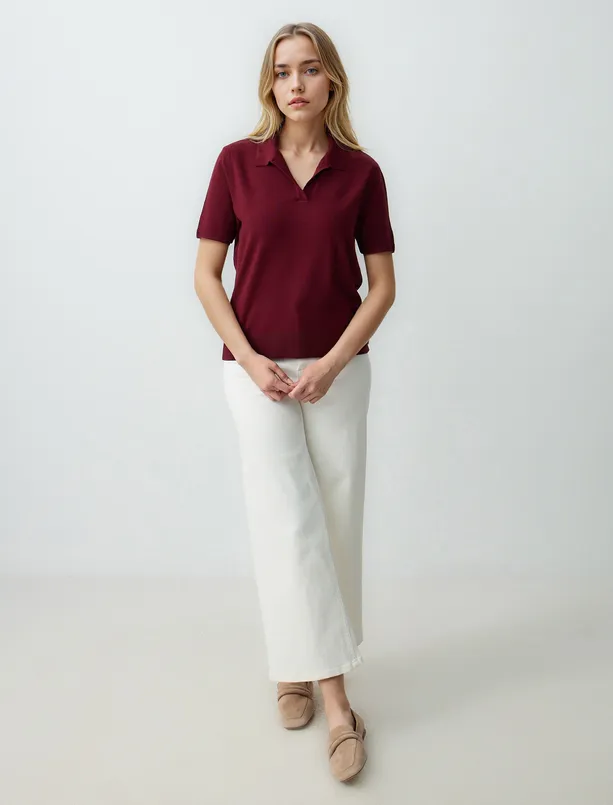 Women Claret Red Straight Cut Polo Collar Short Sleeve Sweater T-Shirt