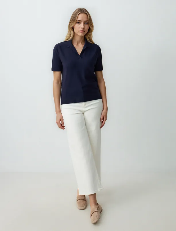 Women Dark Blue Straight Cut Polo Collar Short Sleeve Sweater T-Shirt
