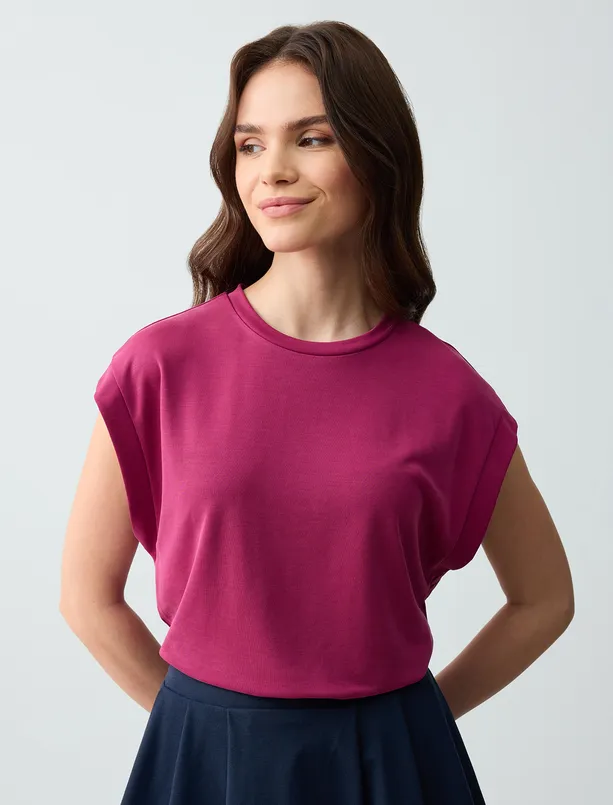 Women Purple Straight Cut Crew-Neck Sleeveless Knitted Modal T-Shirt