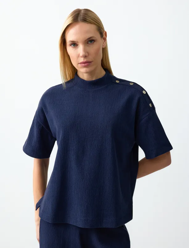 Women Dark Blue Relaxed Fit Half Turtleneck Knitted T-Shirt