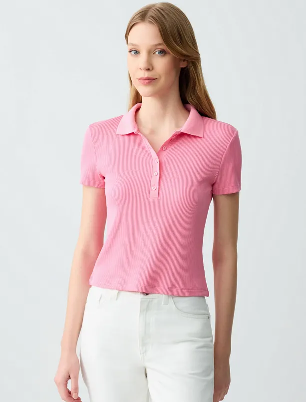 Women Pink Slim Fit Short Sleeve Polo Collar Knitted T-Shirt
