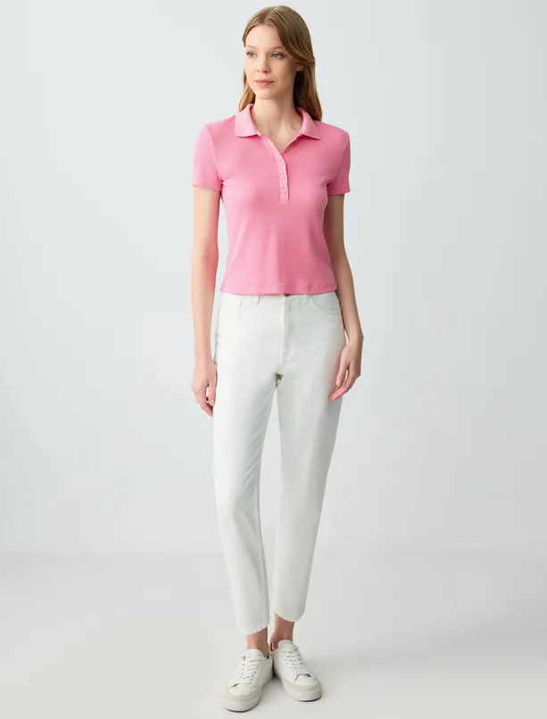 Women Pink Slim Fit Short Sleeve Polo Collar Knitted T-Shirt