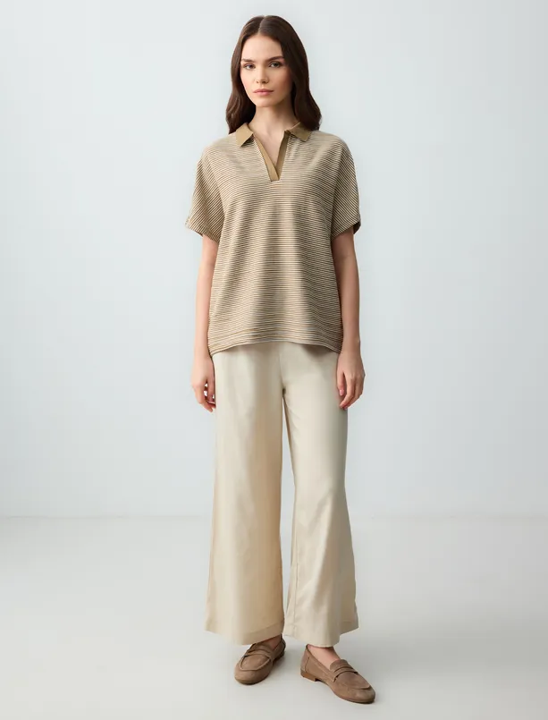 Women Beige Polo Collar Line Patterned Knitted T-Shirt