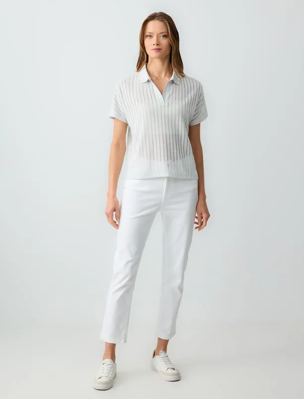 Women Ecru Relaxed Fit Short Sleeve Polo Collar Openwork Knitted T-Shirt