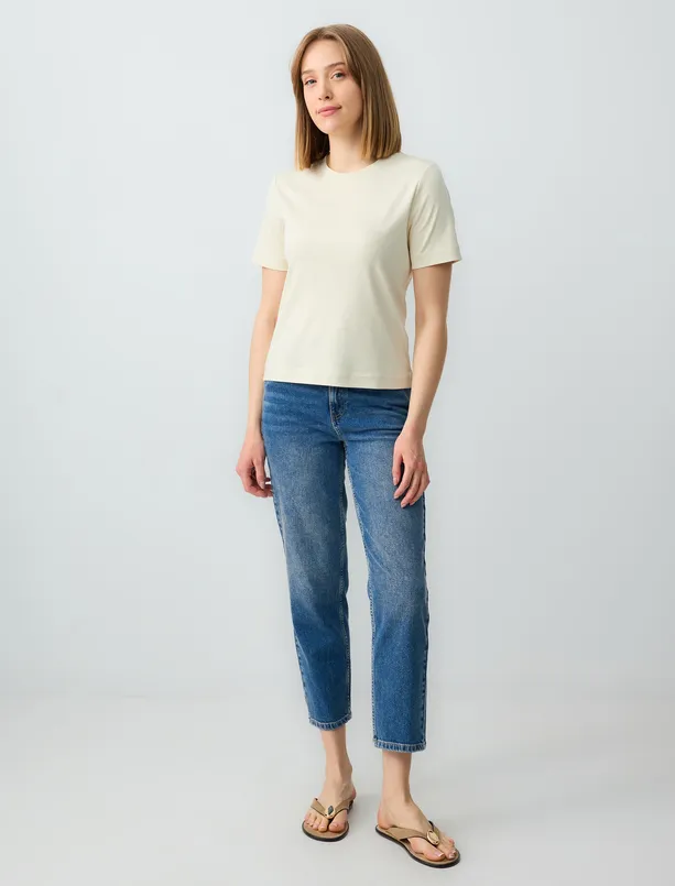Women Beige Crew Neck Short Sleeve Cotton Knitted T-Shirt
