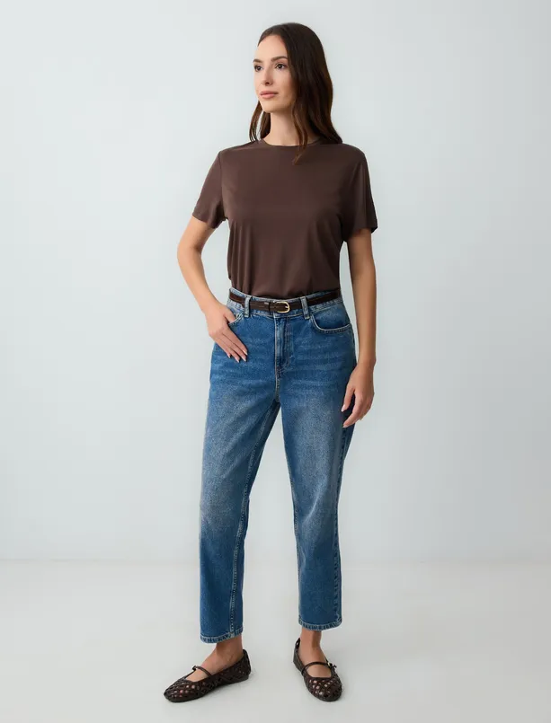 Women Brown Crew Neck Short Sleeve Knitted Modal T-Shirt