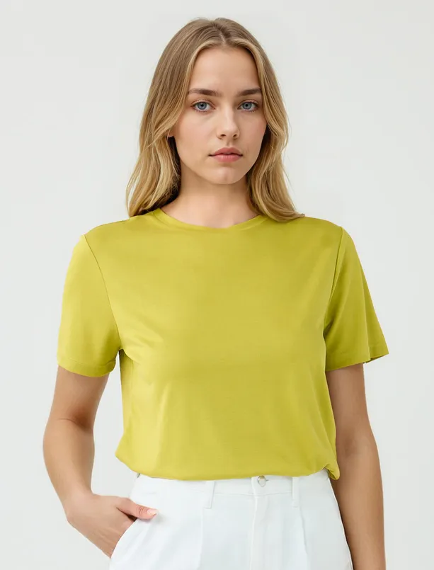 Women Green Crew Neck Short Sleeve Knitted Modal T-Shirt