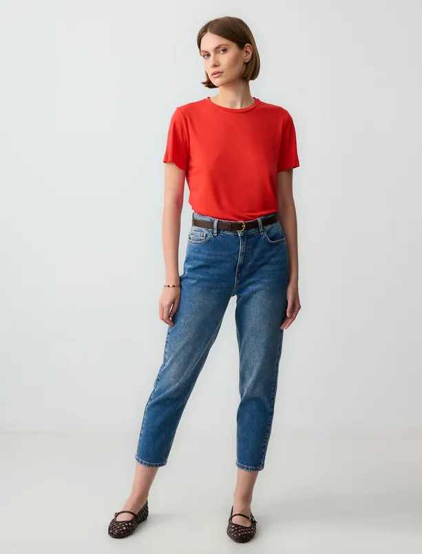 Women Red Crew Neck Short Sleeve Knitted Modal T-Shirt