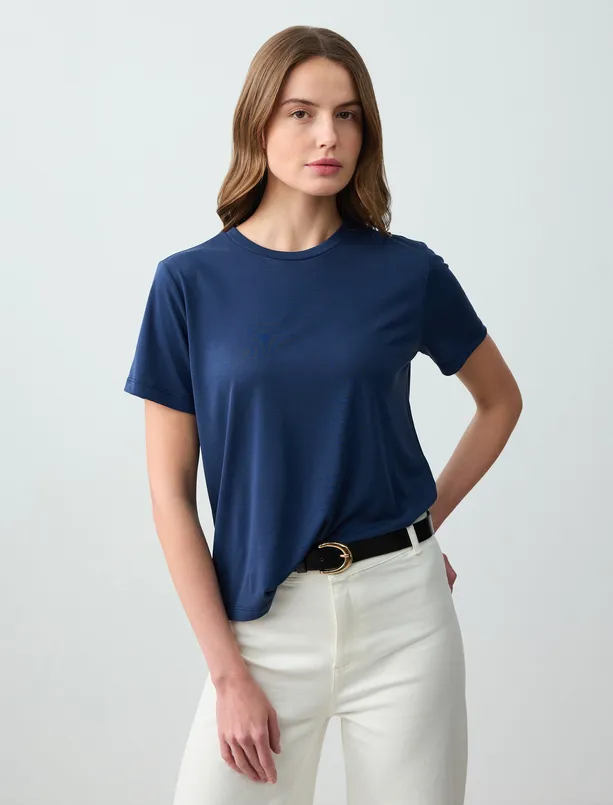Women Dark Blue Crew Neck Short Sleeve Knitted Modal T-Shirt