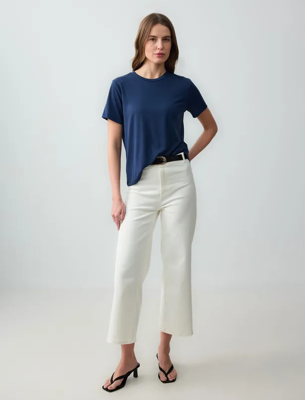 Women Dark Blue Crew Neck Short Sleeve Knitted Modal T-Shirt